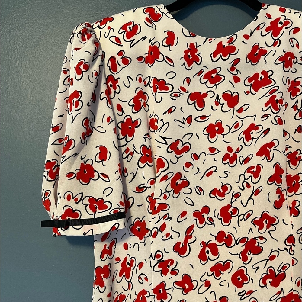 Vintage Dress white red black floral print, tiered skirt, shoulder pads, sz 12 - Picture 3 of 11